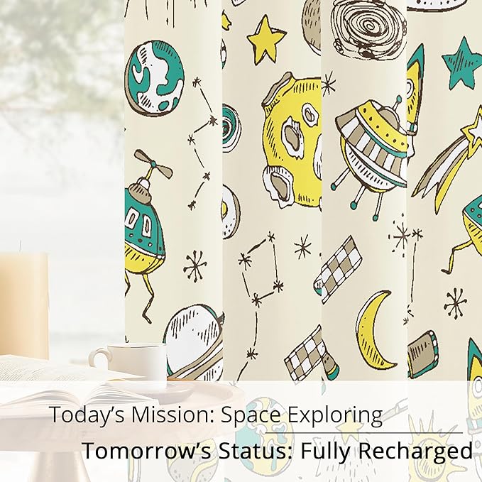 Kids Space UFO and Rocket Blackout Curtains - 100% Blackout, Thermal Insulated, Noise Reducing, Perfect for Kids Room and Nursery, 2 Panels (Space Explorer Sketchbook, W52×L63)