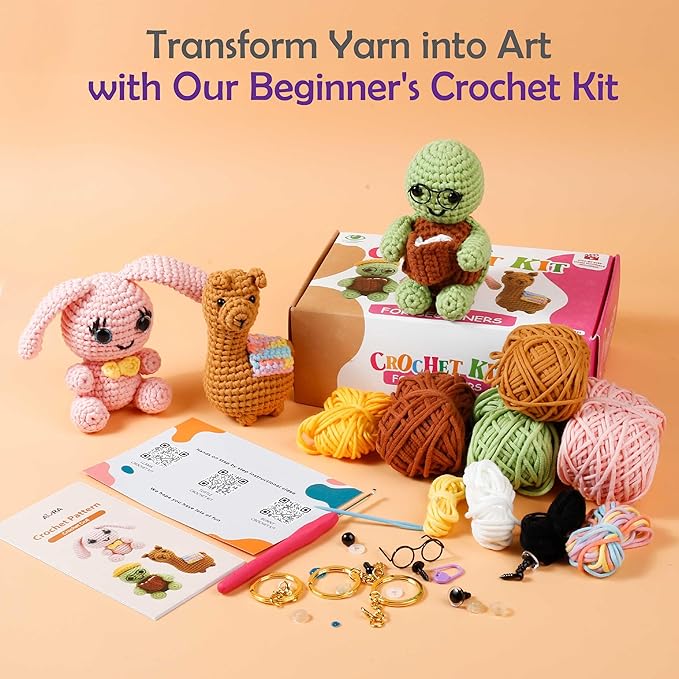 A-URA Learn to Crochet Kit for Beginners Kids and Adults, Premium 3 Animal Pattern Large Size Beginner Crochet Kits with Easy Tube Yarn & Step-by-Step Video Tutorials (Safari Friends–Larger Plushies)