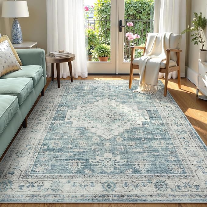 LIVEBOX Washable Area Rug 5x7 Rugs for Living Room Bedroom, Non-Slip Boho Indoor Carpet for Dining Room Office, Low-Pile Farmhouse Soft Carpets for Kids Nursery Room Playroom, Blue