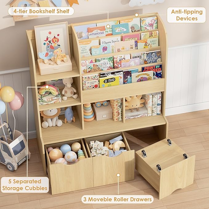 FOTOSOK 47'' Kids Bookshelf with Toy Storage, Multifunctional Bookcase with 5 Storage Cubbies and 3 Movable Drawers, Toy Storager Display Stand, Toy Organizer and Storage for Playroom,Bedroom, Natural