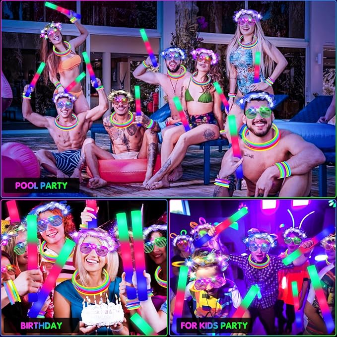 142 PCS Glow in the Dark Party Supplies, 14PCS Foam Glow Sticks, 14PCS Light Up Headband,14PCS LED Glasses and 100PCS Glow Sticks Bracelets,for Glow Party, New Year, Wedding, Concert, Birthday