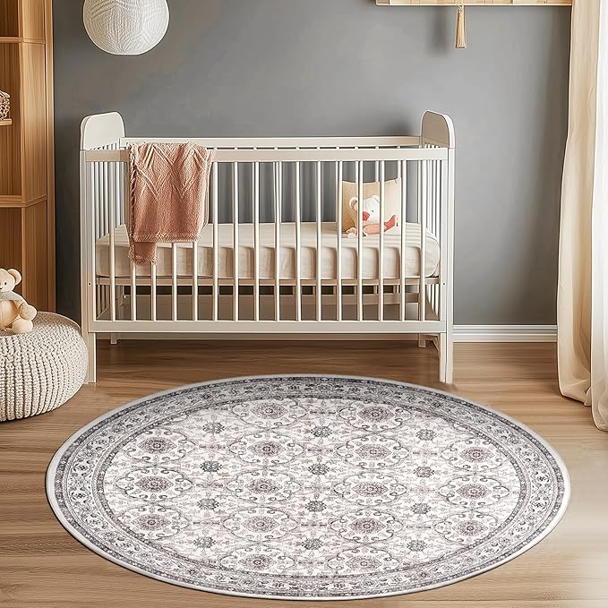 jinchan Round Rug 4ft Washable Circle Soft Rug - Low Pile Vintage 4'Round Indoor Beige Floral Print Stain Resistant Boho Carpet Ultra-Thin Non-Slip for Entryway Nursery Bedroom Dining Room Kitchen