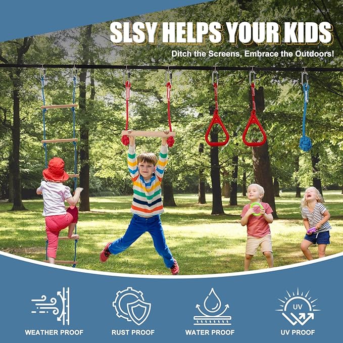 Slsy 60FT Ninja Warrior Obstacle Course with 10 Obstacles, Ninja Slackline Kit for Kids, Durable Playset Equipment for Boys & Girls with Monkey Bar, Swing, Climbing Ladder & Net