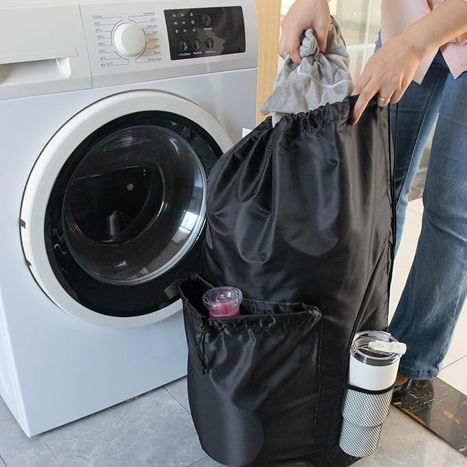 Polecasa Heavy Duty Backpack Laundry Bag, 29 x 13.5 Inches Hamper bag with Padded Shoulder Straps,130gsm Durable Fabric and 4 Pockets, Large Drawstring Bag for Dorm, College, Travel, Black