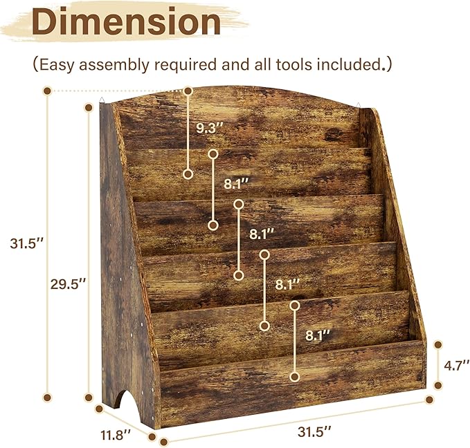 TOETOL 5-Tier Kids Bookshelf - Toddler Book Display Shelves for Classrooms, Playrooms, and Nursery - Wooden Children Book Rack (Rustic Brown)