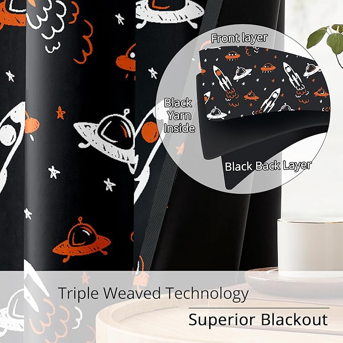 Kids Space UFO and Rocket Blackout Curtains - 100% Blackout, Thermal Insulated, Noise Reducing, Perfect for Kids Room and Nursery, 2 Panels (Starlight Rocket Chase, W52×L63)