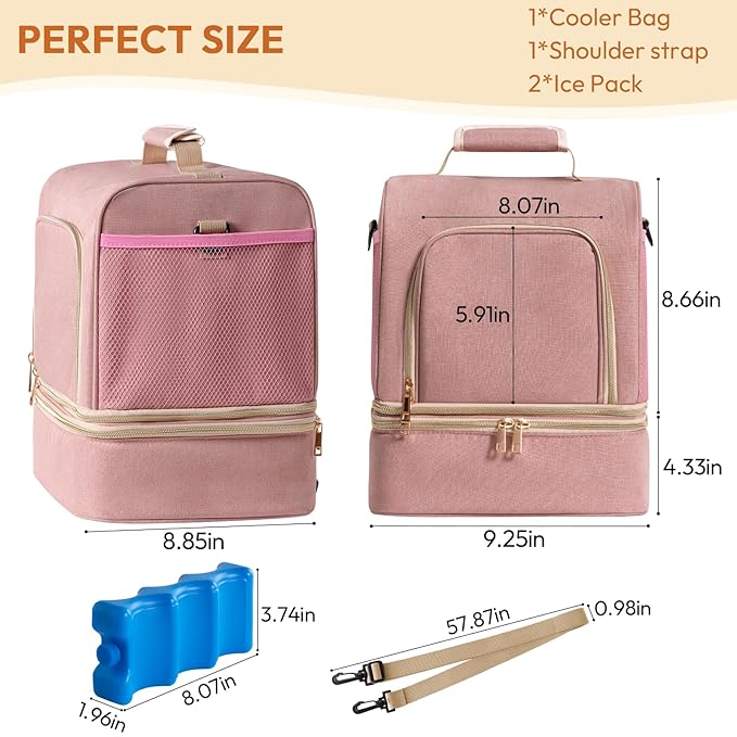 NCVI Breast Pump Bag, Double Layer Removable Pump Bag for Spectra S1, S2, Medela, Breast Pump Backpack with Ice Pack, Insulated Breast Milk Cooler Bag for Working Nursing Moms, Pink