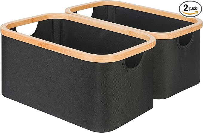efluky Storage Baskets for Organizing, Fabric Storage Bins with Bamboo Handles, Collapsible Storage Baskets for Shelves and Closet, Black Set of 2