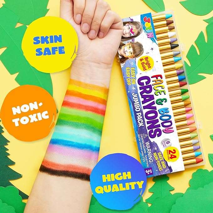 JOYIN 24 Colors Face Paint Safe & Non-Toxic Face and Body Crayons (Large Size 3 inch) Ultimate Party Pack Including 6 Metallic Colors for Birthday Toy Makeup Party Suppiles, Gifts for Kids Girls Boys
