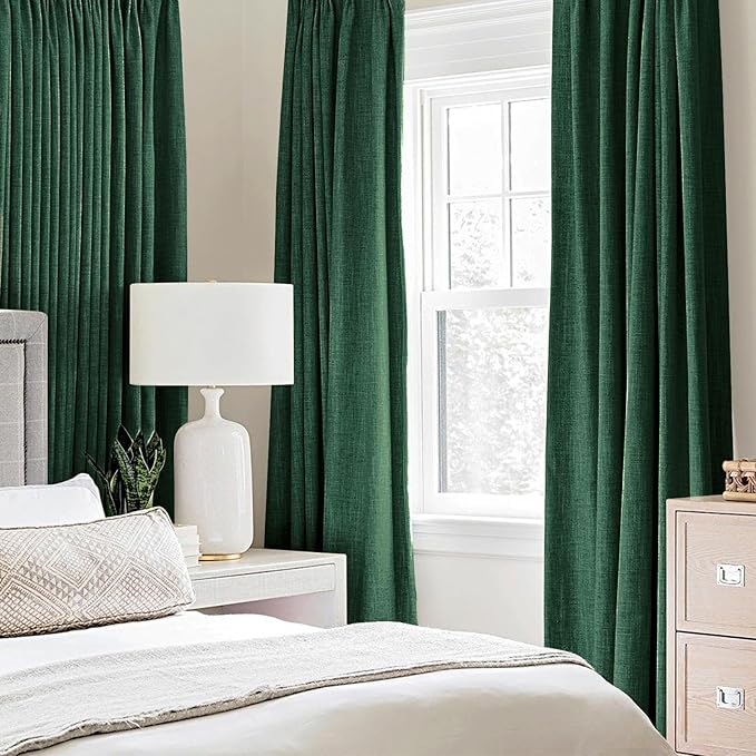 MIULEE 100% Blackout Linen Curtains for Bedroom Thermal Insulated Emerald Green Grommet Room Darkening Curtains & Drapes Christmas Decor for Living Room Nursery 52 x 96 Inch (2 Panels)