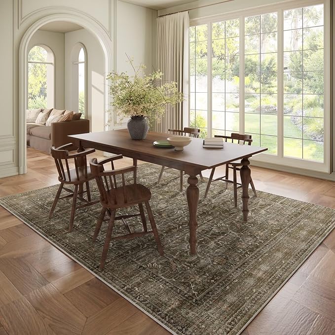 Washable 6x9 Area Rugs for Living Room, Boho Non-Slip Silicone Backing Large Rugs for Bedroom Dining Room Nursery Office, 0.3" Neutral Oriental Throw Carpet with 0.16" Cushioning Pad,Deep Brown/Multi