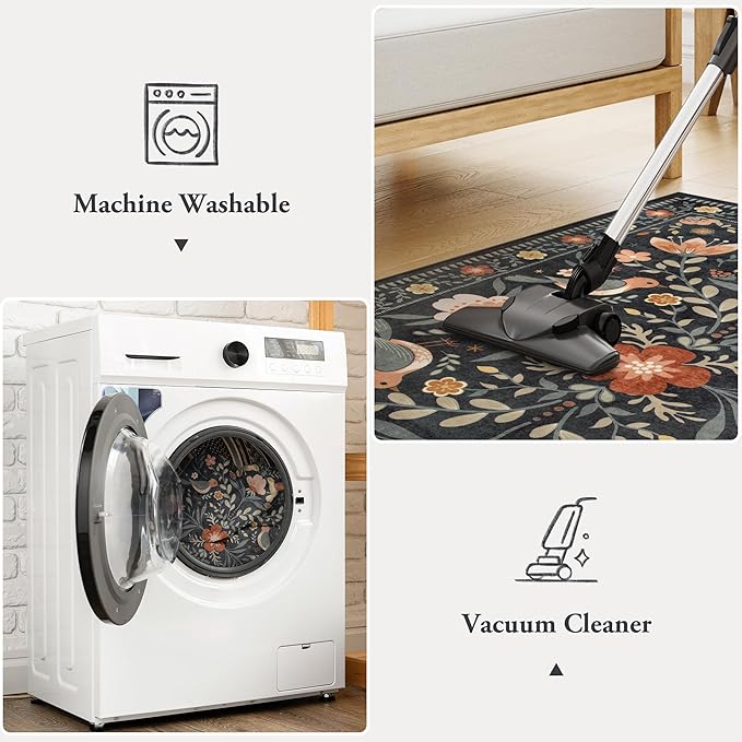 Moynesa Boho Birds 8x10 Area Rugs for Living Room, Black Floral Bedroom Rug Washable Low-Pile Playroom Rug, Vintage Soft Jungle Pattern Indoor Floor Carpet for Nursery Dining Room