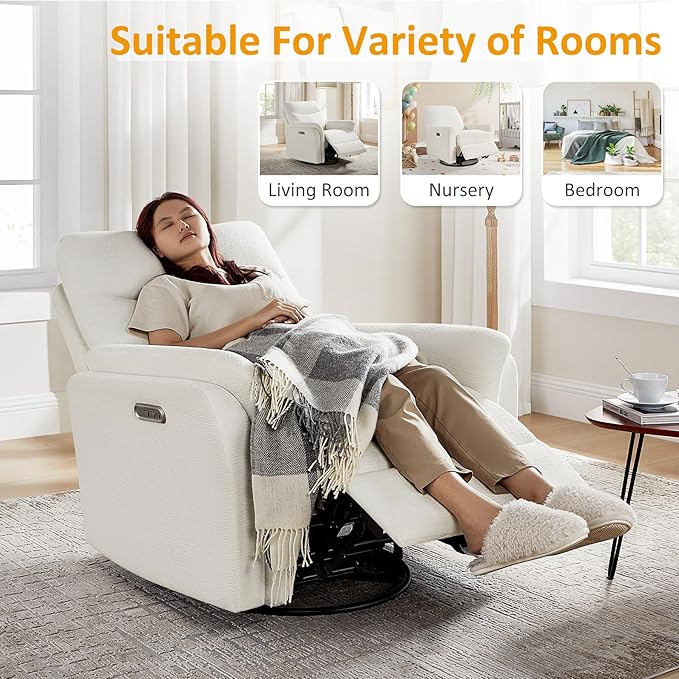 Power Recliner Chair Swivel Glider, Electric Rocking Recliner Chairs with USB and Type-C Ports, Nursery Chair Recliner for Living Room, Bedroom, Apartment（White）