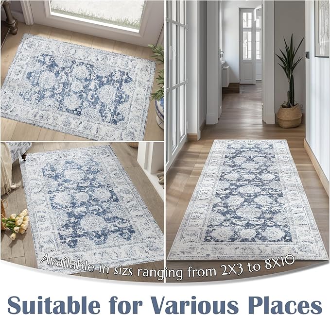 jinchan Hallway Runner Rug 3x8 Washable Runner - Vintage Floral Non Slip Low-Pile Soft Thin Faux Wool Kitchen Rug Distressed Carpet for Farmhouse Bedroom Laundry Room(3x8ft,Dark Blue)