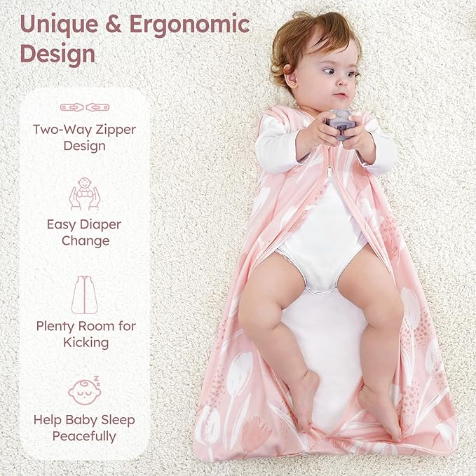 Baby Sleep Sack 0-6 Months 3 Pack 100% Cotton Lightweight 0.5 TOG Wearable Blanket Baby Sleep Bag with 2-Way Zipper for Newborn Infant Pink Flowers & Leaf