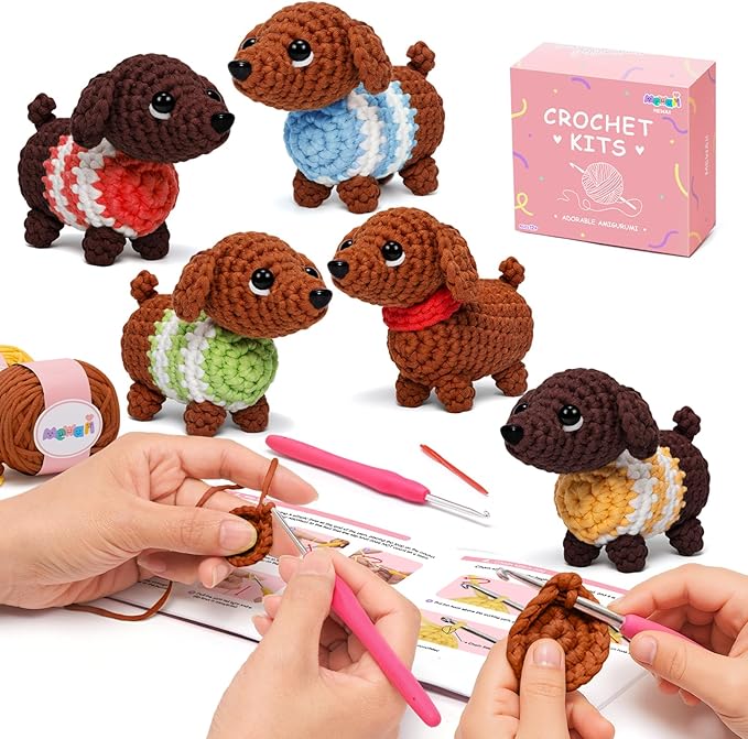 Mewaii Crochet Kit for Beginners – 5 Easy Dachshund Dog Crochet Kits with Step-by-Step Video Tutorials, Pre-Started Yarn, 40% Extra Yarn, Beginner Crochet Kit for Adults & Kids