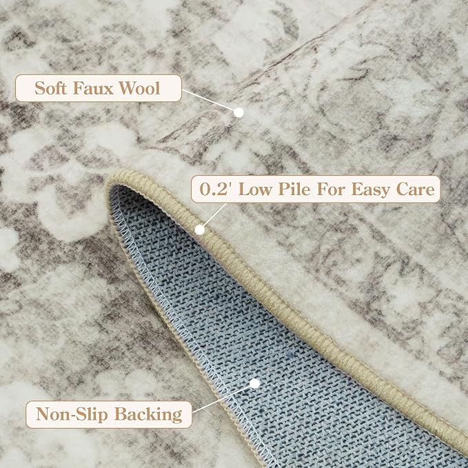 LIVEBOX Washable Area Rug 9x12 Rugs for Living Room Bedroom, Non-Slip Boho Indoor Carpet for Dining Room Office, Low-Pile Farmhouse Soft Carpets for Kids Nursery Room Playroom, Taupe