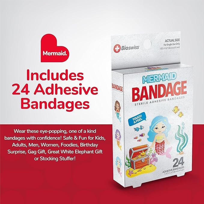 BioSwiss Bandages, Mermaid Shaped Self Adhesive Bandage, Latex Free Sterile Wound Care, Fun First Aid Kit Supplies for Kids, 24 Count