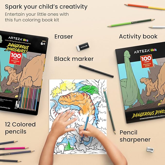 ARTEZA Kids Coloring Book and Colored Pencils Set, Dinosaur Illustrations, 50 Double-Sided Sheets, 100-lb Paper