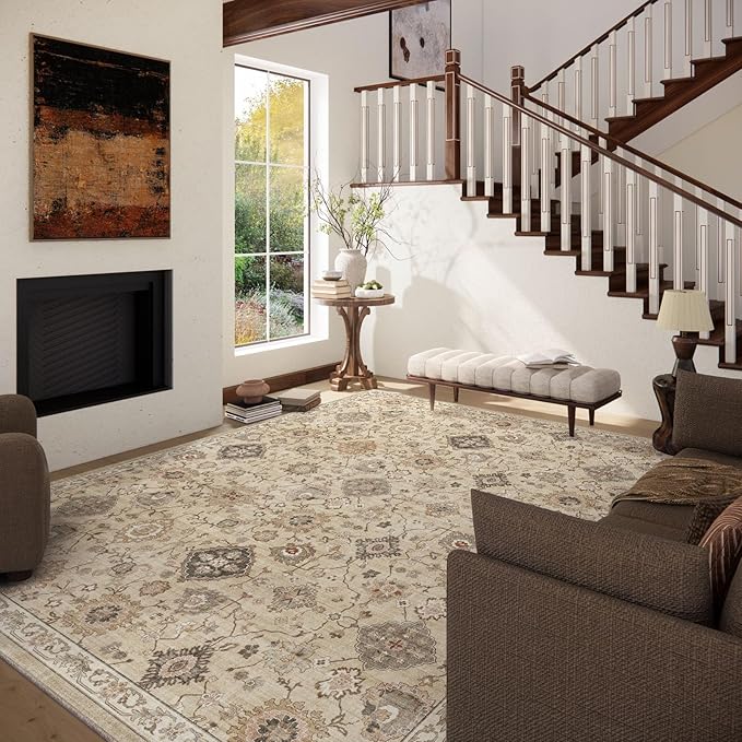 Machine Washable Rug for Living Room: 8x10 Area Rugs Boho Vintage Rug Stain Resistant Non Slip Low Pile Soft Lightweight Carpets for Bedroom Kitchen Dining Room Nursery Kids Room Farmhouse