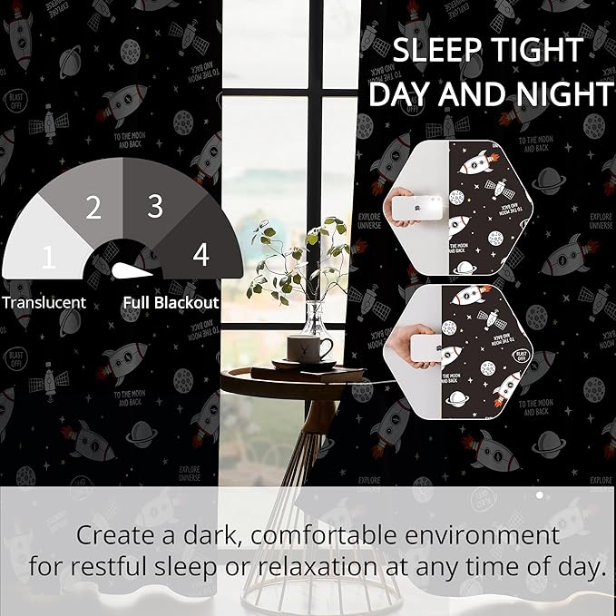 Kids Space Rocket Blackout Curtains - 100% Blackout, Thermal Insulated, Noise Reducing, Perfect for Kids Room and Nursery, 2 Panels (Blast-Off Moon Mission, W52×L63)