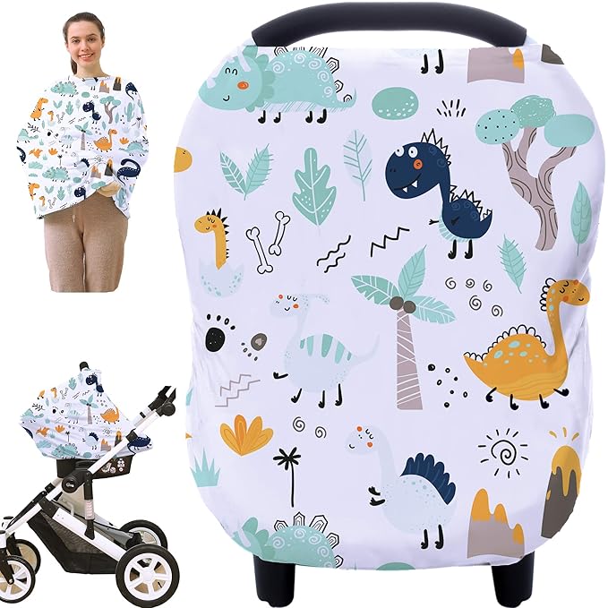 Multi-use Carseat Canopy Cover - Breathable Breastfeeding Covers, Car Seat Covers for Babies, Stroller Canopy Cover (Cute Dinosaur)
