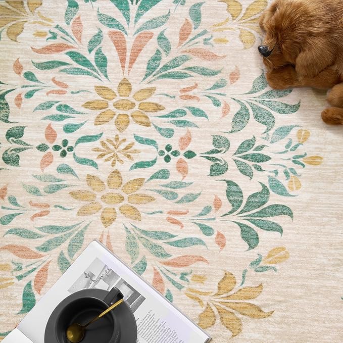 jinchan Round Rug 6ft Area Rugs Vintage Floral Distressed Design,Machine Washable Soft Non-Slip Low-Pile Ultra-Thin Circle Rug for Bedside Living Room Dining Room Bedroom (6' Round, Apricot Multi)