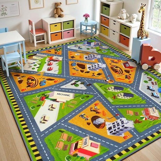 STARUIA Kids Cars Rug for Playroom, 5.3x6.6 Car Rugs for Kids Toy Cars, Non-Slip City Road Map Rug for Boy Bedroom, Educational Toddler Carpet Play Mat for Kid Room Classroom Nursery(63"x78")