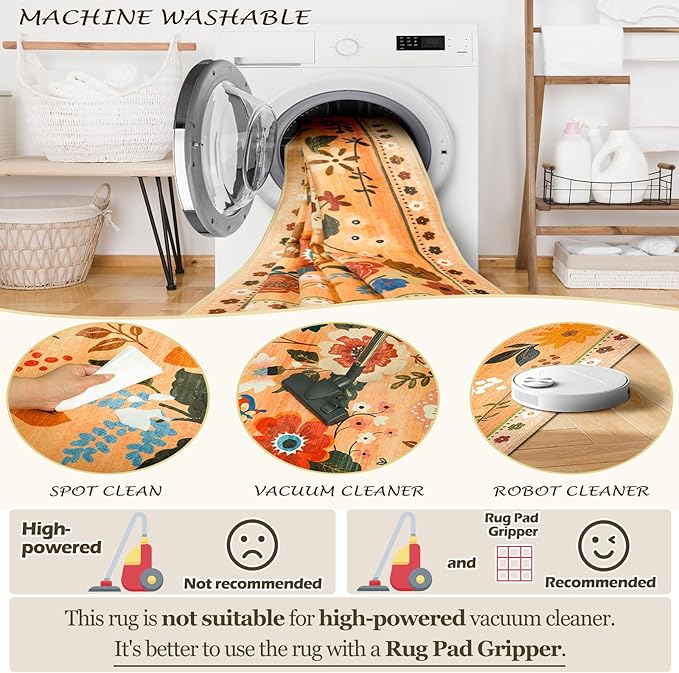 Floral 6ft Area Rug Machine Washable Soft Print Boho Carpet Non Slip Doormat Low Pile Flower Area Rugs for Living Room Bedroom Nursery Kitchen Dining Room Indoor-Yellow/Orange