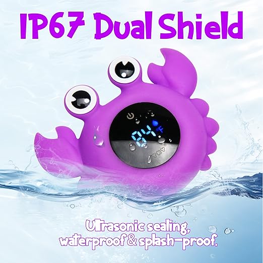TKY Baby Bath Thermometer with Floating Toys & Room Temperature Monitor - Rechargeable Digital Thermometer with Temperature Alerts, Bath Essentials for Newborns, Infants Crab (Purple)