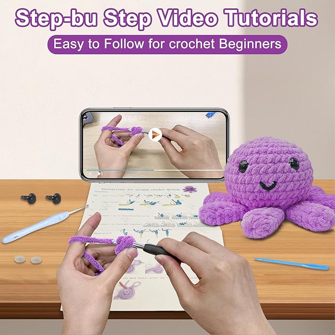 Utook Crochet Kit for Beginners, 6-Pack Crochet Animal Kit,Crochet Kits for Beginners Adults and Children, with Instructional Videos and Paper tutorials, Handmade Crafts, Holiday Gifts (Octopus)