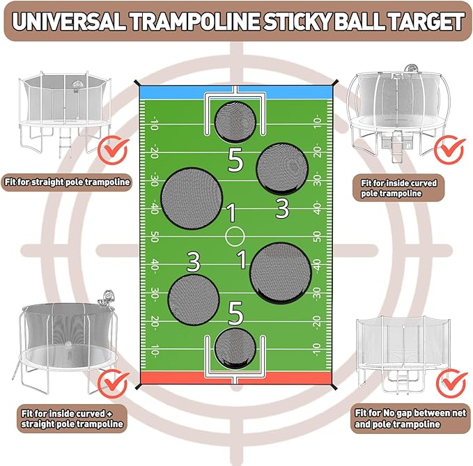 jumpfly Trampoline Football Game Accessories, Toss Throwing Target Net Fits 8 FT/10 FT/12 FT/14 FT Recreational Trampolines with Two Footballs - Trampoline Indoor Outdoor Party Games for Kids