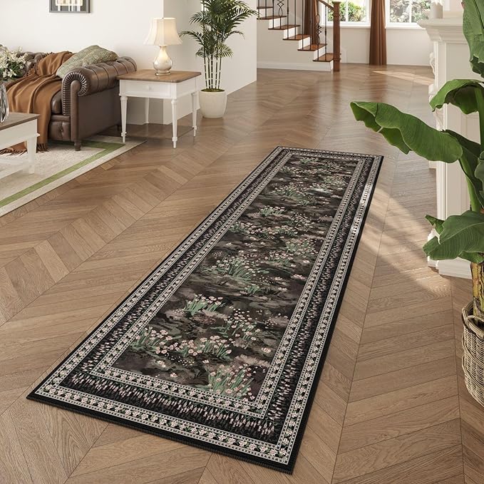 Runner Rug Impressionist-Style Vintage Kitchen Rugs Non Slip Washable Soft Carpet Runner for Kitchen Laundry Bedroom Bathroom, Black