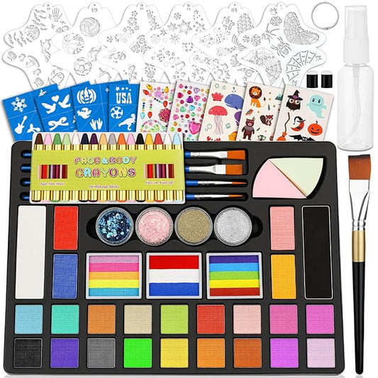 Face Painting Kit for Kids, 27 Colors Non-Toxic Paint with Brushes, 16 Crayons, 6 Reusable & 40 Sticky Stencils, Face Gems, Tattoos for Cosplay Parties & Halloween Makeup