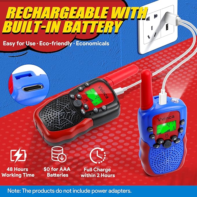 Vvinca Walkie Talkies for Kids Rechargeable, Spider Toys for Ages 3 4 5 6 7 8 9 10 Boys Girls Christmas Birthday Gifts for 3-12 Year Old, 2 Way Radio 22 CH VOX Long Range Walkie Talkie with Flashlight