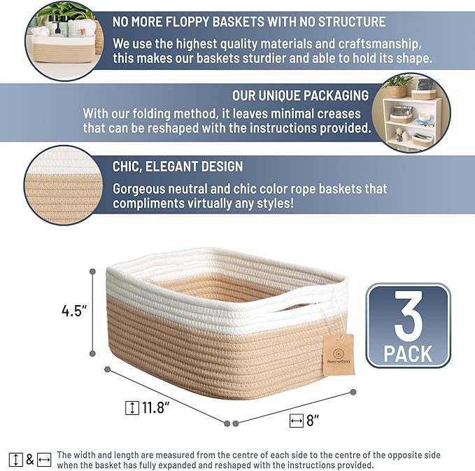 NaturalCozy 11.8"x8"x4.5” Storage Baskets for Shelves 3 Pack | Cotton Rope Woven Small Baskets for Organizing | Small Storage Bins for Nursery, Bathroom, Closet, Cube Shelf, Decorative, Gift Basket