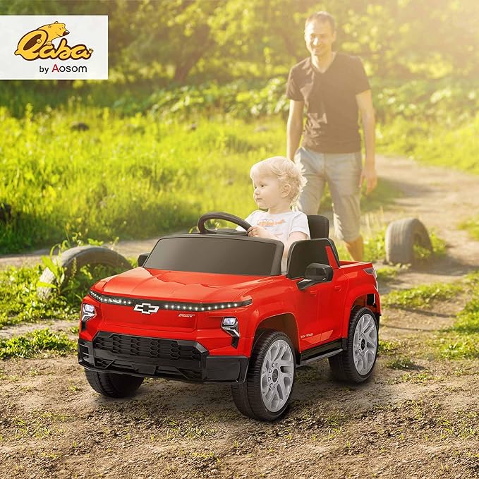 Qaba 12V Kids Ride on Truck, Chevrolet Silverado EV RST Licensed Electric Car with Parent Remote Control, Back Storage, Spring Suspension, Soft Start, Auxiliary Wheels, LED Lights, Music, MP3, Red