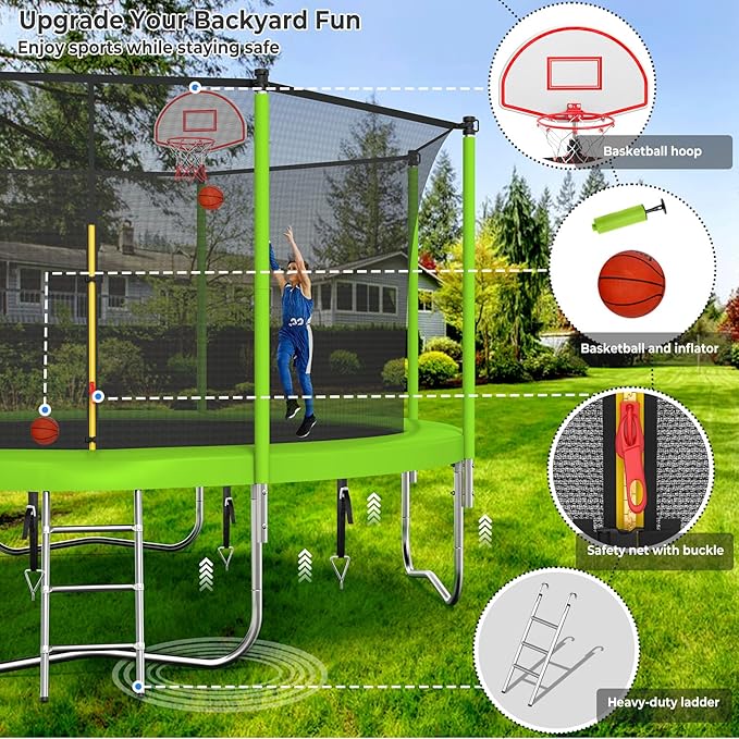 Upgraded 10/12/14/15/16FT Trampoline Outdoor, Large Kids Trampoline with Light, Stakes, Sprinkler, Backyard Trampoline with Basketball Hoop and Net, Capacity for 4-6 Kids and Adults