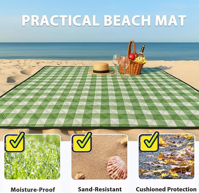 TigeJoy Extra Large Picnic Blanket Waterproof Foldable 80''x80'', Outdoor Picnic Mat Beach Blanket Sandproof for Park, Grass, Travel, Hiking, Camping Essentials, Gingham Picnic Blanket
