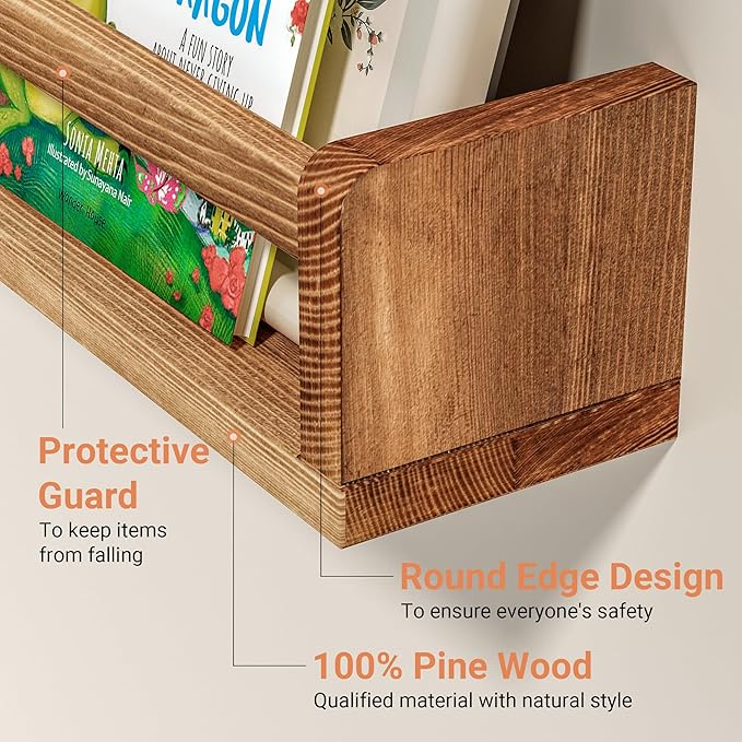 Heimlove 32 Inch Nursery Floating Shelves, Nursery Book Shelves for Wall, Wall Bookshelf for Kids Solid Wood Wall Mounted Shelves for Books,Toys and Decor Storage, Set of 2