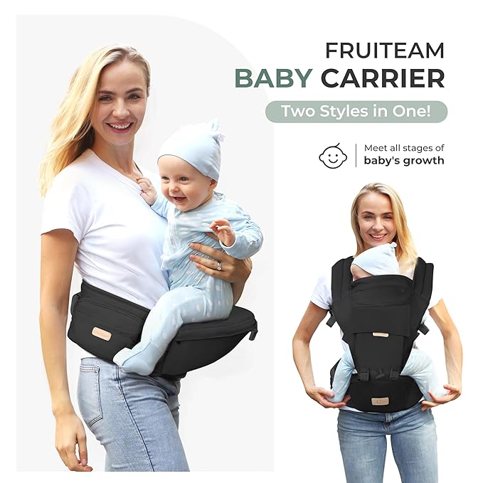 FRUITEAM 6-in-1 Baby Carrier with Waist Stool/Hip Seat for Breastfeeding, One Size Fits All - Adapt to Newborn, Infant & Toddler (Cool Black)