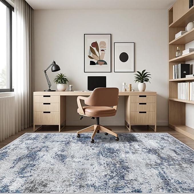 Area Rug 9x12 Washable Rugs: Abstract Large Living Room Rugs with Non-Slip Backing, Stain Resistant Indoor Floor Carpet for Bedroom Dining Room Table Nursery Hallway Home Office Blue/Gray/Black