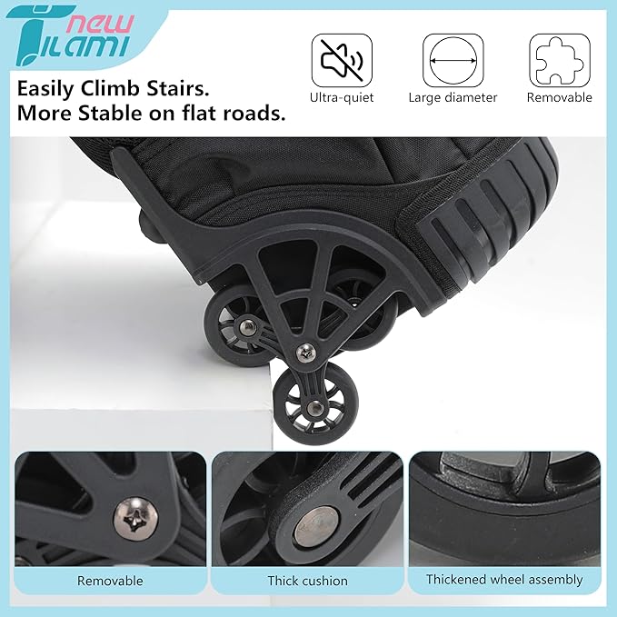 NEW TILAMI 18 inch Rolling Backpack for Kids - Waterproof, Stair-Climbing, Durable, Personalized Design for School, Travel, Black