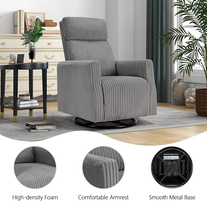 CANMOV Swivel Rocker Chair for Nursery, Swivel Accent Chair with High Back and Arms, Corduroy Glider Chair for Living Room Bedroom Nursery, Grey