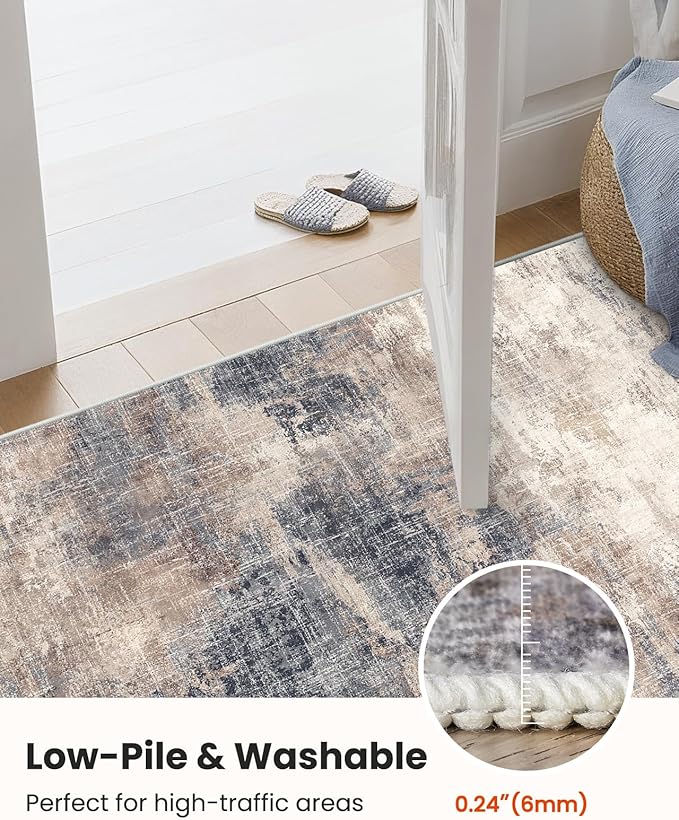 Amada 6x9 Washable Area Rug, Modern Abstract Living Room Rug with Non-Slip Backing & Short Pile, Large Rug with Abstract Pattern for Living Room, Bedroom and Dinning Room, Brown