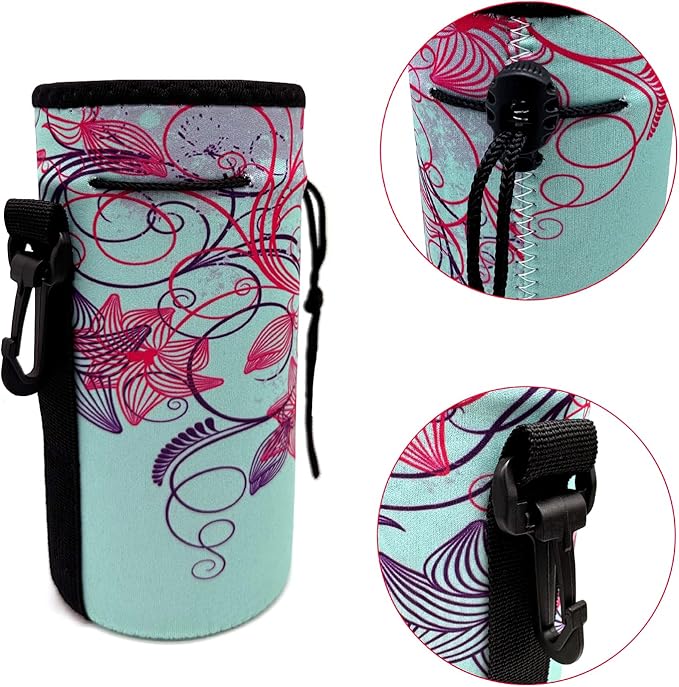 Neoprene Sleeve Bottle Carrier, Portable Insulator Cover - Drawstring Insulator for 18/20 Oz Water Bottle (Flower)