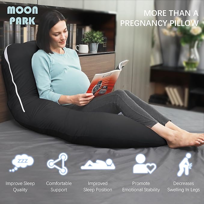 MOON PARK Pregnancy Pillows for Sleeping - U Shaped Full Body Maternity Pillow with Removable Cover - Support for Back, Legs, Belly, HIPS - 65 Inch - Black - Cooling Cover