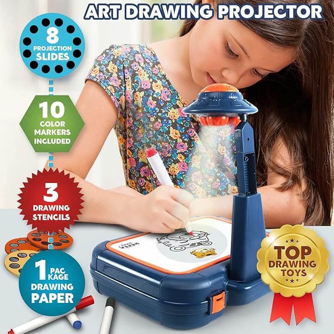 Drawing Kit 4-6, Drawing Projector for Kids, Art Sketch Projector Drawing and Tracing Include 64 Projection Image, Color Pen, Drawing Stencil, Kids Learn How to Draw Toys Set for Boys Girl Ages 3-5