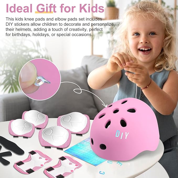 Vvinca Kids Toddlers Bike Helmet Adjustable for Ages 3-5-8 Years, Knee Pads and Elbow Pads Set Wrist Guard Sports Protective Gear Set for Roller Skate Bicycle Skateboard Scooter Girl Boy Birthday Gift