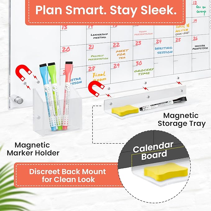 Acrylic Calendar for Wall - 24x18” Wall Calendar, Dry Erase Calender, Clear Calendar for Wall, Includes Magnetic Pen, Tray Holders, 4 Markers and 1 Eraser